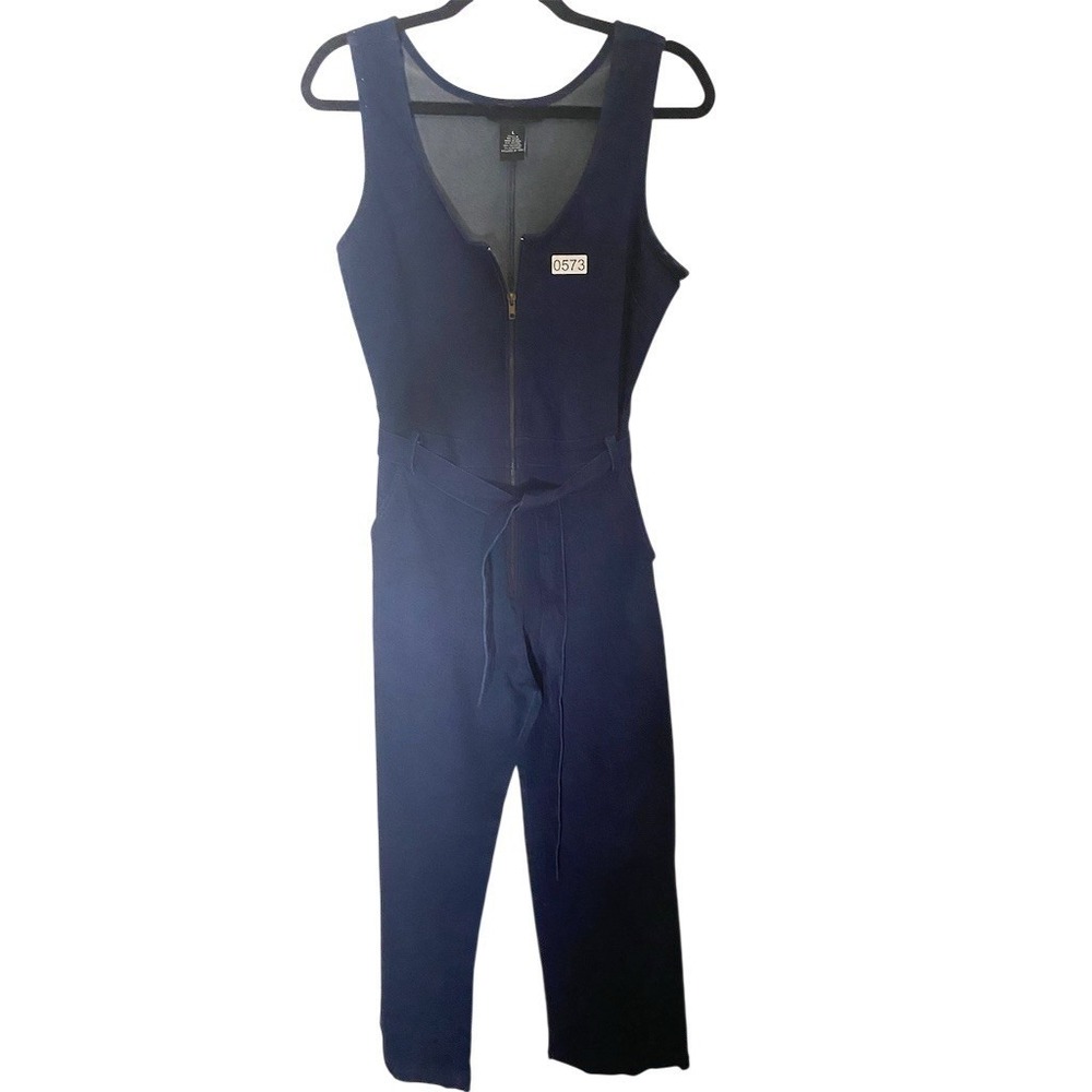 Women's Jumpsuit Size L Blue Sleeveless Zip Front Scoop Neck Belt Loops